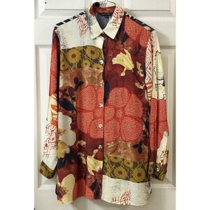 John Mark Wmns Button Up Floral Top Collared Long Slv S Boho Bohemian Hippy EUC